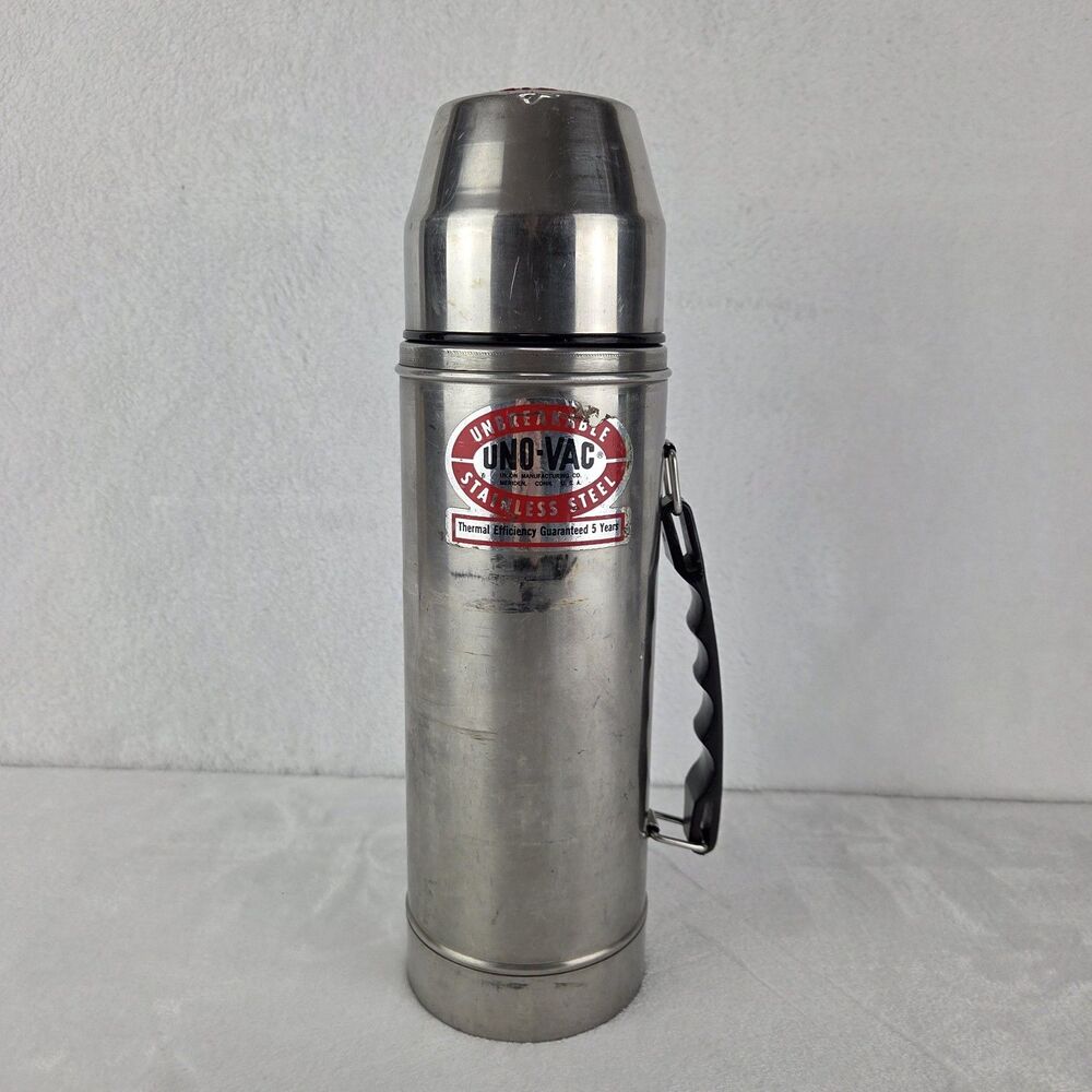 Vintage Uno-Vac 1 Quart Thermos Unbreakable Stainless Steel Vacuum Bottle 13"